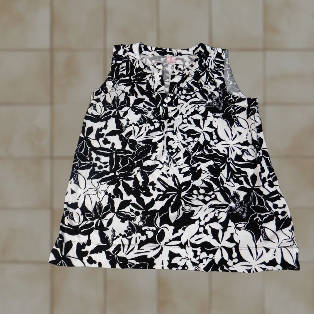 Jones New York Jones New York Blouse Shirt Womens L Black Floral Sleeveless V-Neck Pullover Cap Sleeve Classic 100% Cotton Rayon Breathable Casual Size L / US 10 / IT 46 - 1 Thumbnail