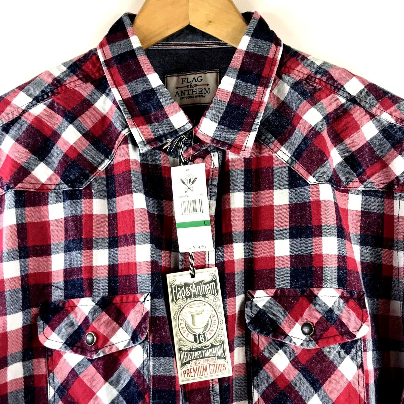 Flag & Anthem Flag & Anthem Shirt Mens Medium S/S Western Indigo Plaid Pearl Snap Red Blue Size US M / EU 48-50 / 2 - 2 Thumbnail
