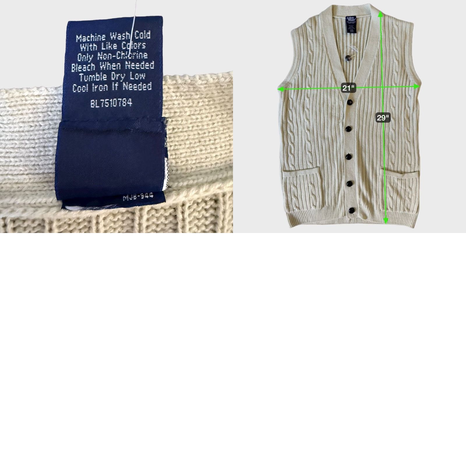 Blair VINTAGE John Blair Cable Knit Sweater Vest Button-Up V-Neck Cream Men's Medium Size US M / EU 48-50 / 2 - 8 Thumbnail