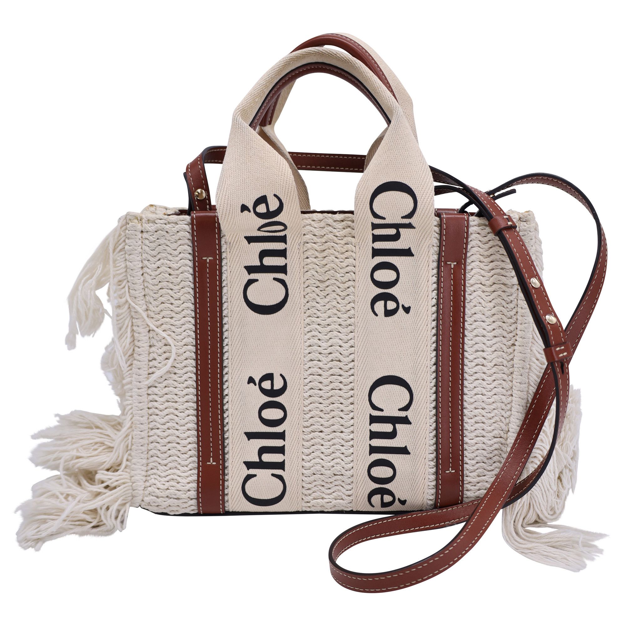 Chloe Chloé Small Woody Knit Fringe Tote Bag in White Recycled Cot Size ONE SIZE - 1 Thumbnail