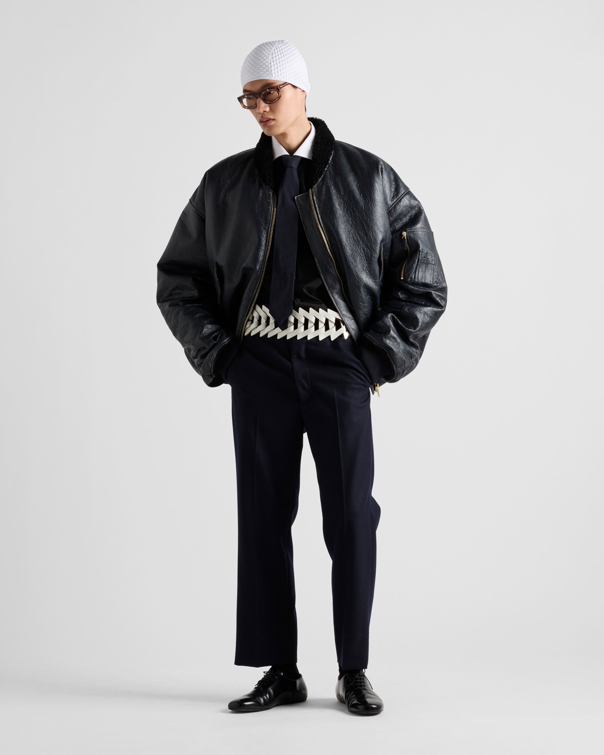 Prada o1bcso1str1025 Agnello Nappato Leather Bomber Jacket in Navy Size US L / EU 52-54 / 3 - 2 Thumbnail