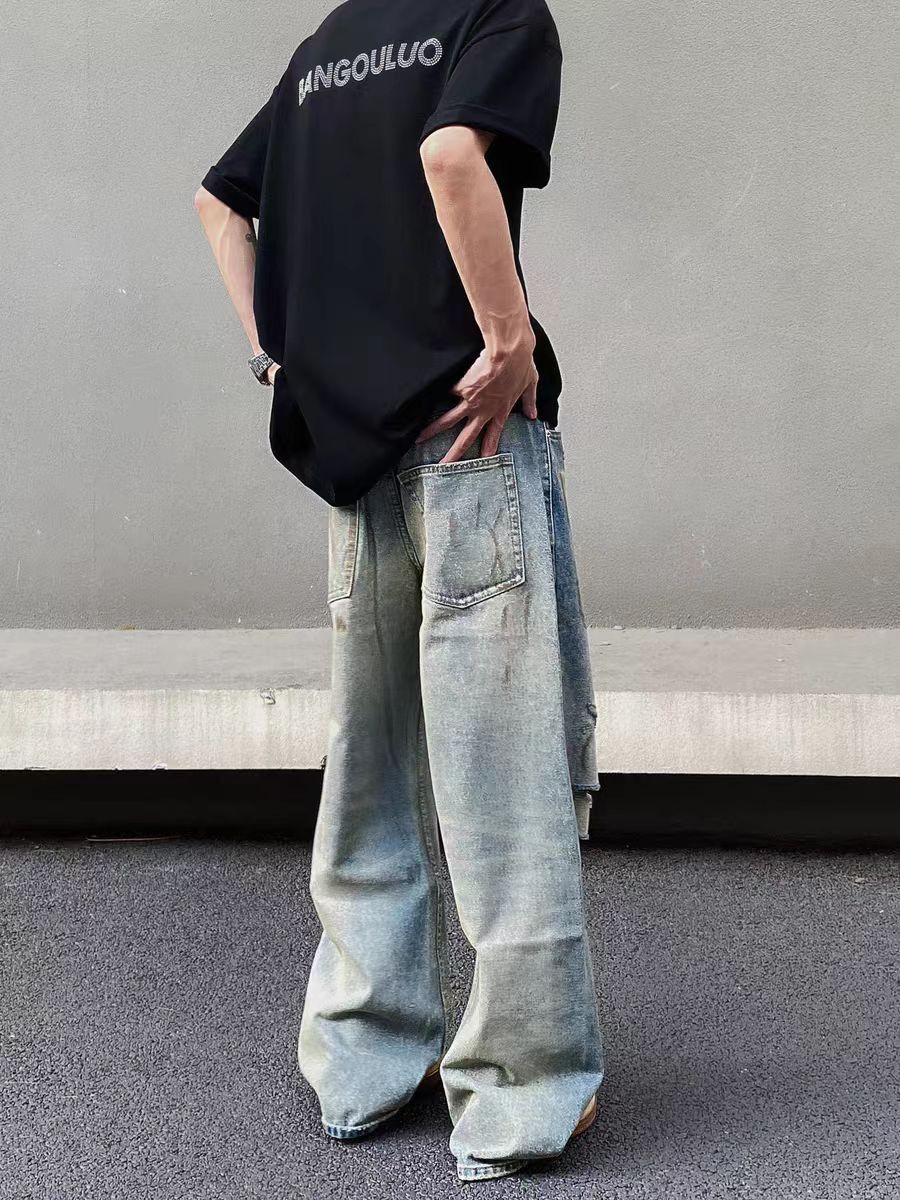 Designer × Jean × Vintage Vintage dirty-dyed graffiti ripped baggy jeans Size US 34 / EU 50 - 4 Thumbnail