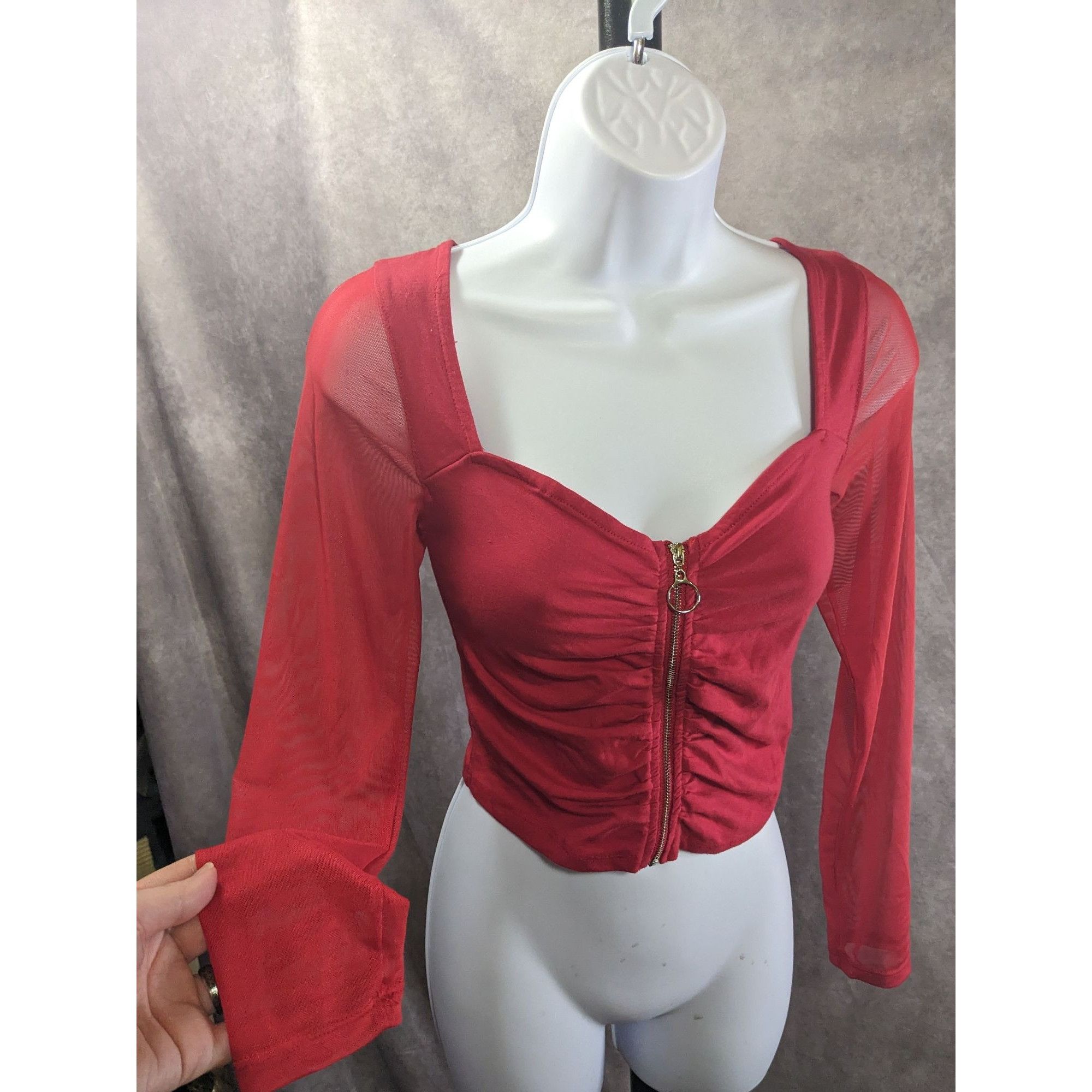 Other Vintage 90s Ambiance Red Long Sleeve Top With Mesh Sleeves & Size M / US 6-8 / IT 42-44 - 3 Thumbnail