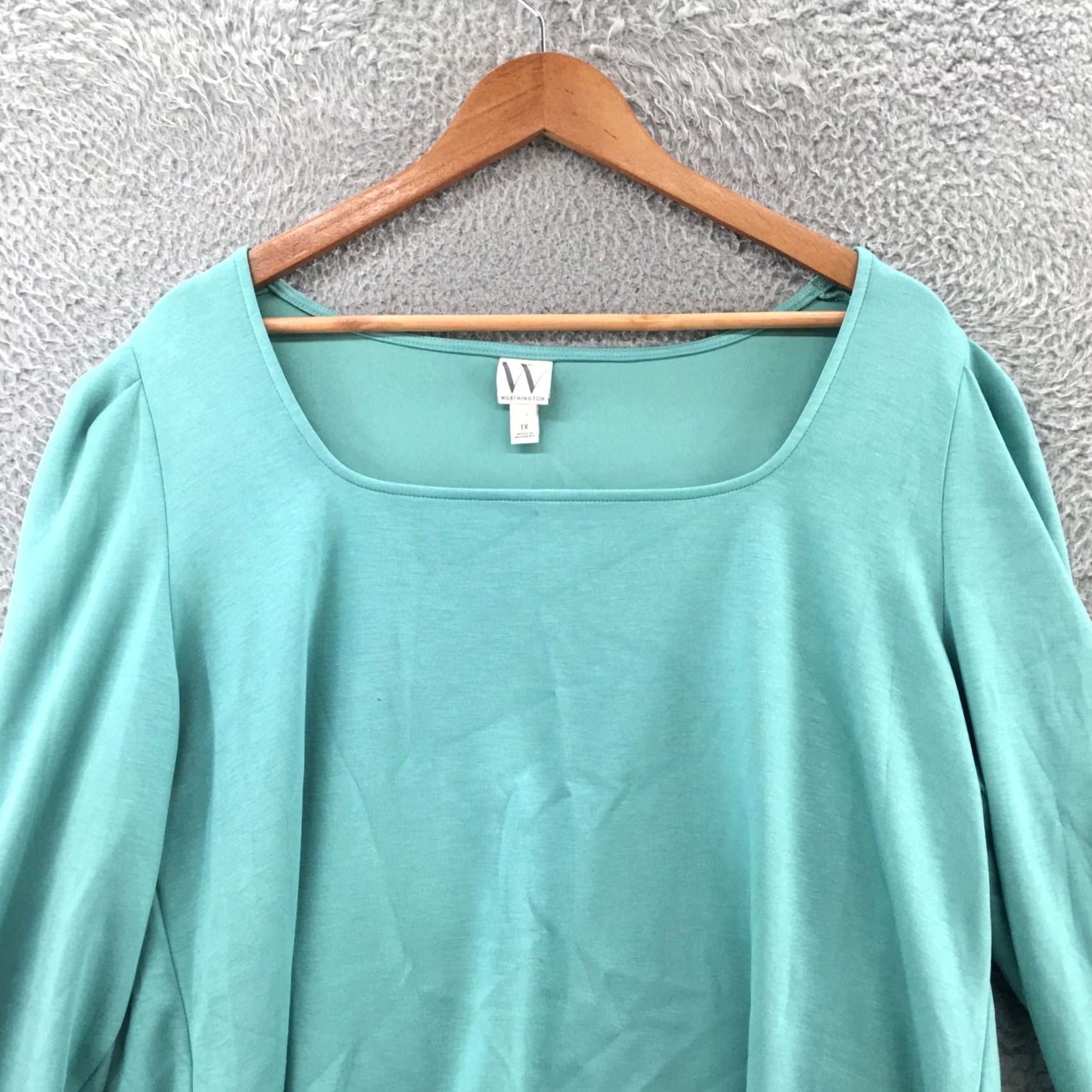 Worthington Worthington Square Neck Blouse Top Womens 1X Green Puff Long Sleeve Casual NEW Size XL / US 12-14 / IT 48-50 - 2 Thumbnail