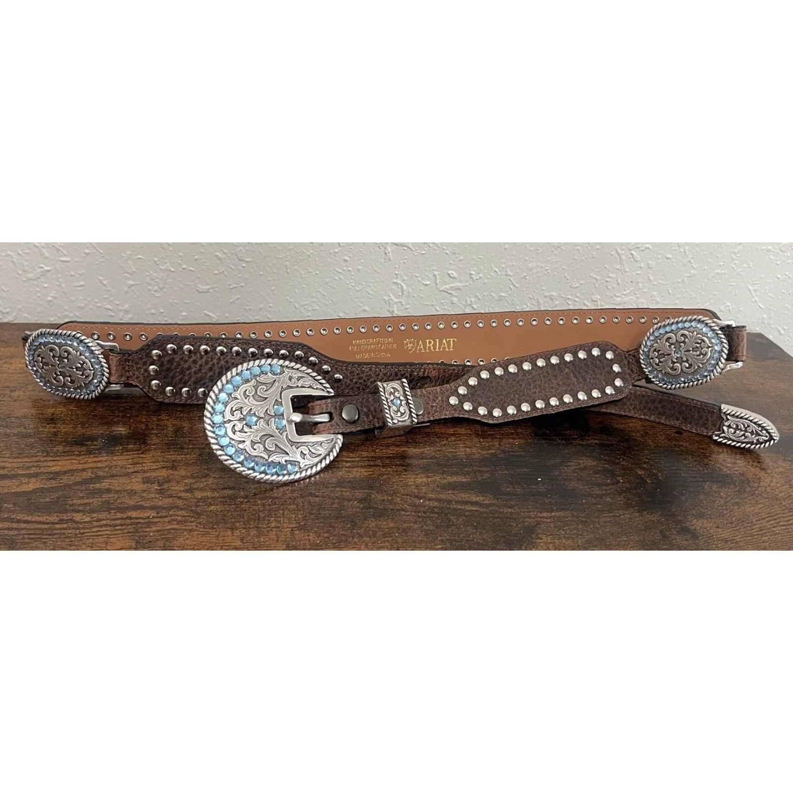 Ariat Ariat Belt Western Leather Blue Rhinestone Studded Buckle Silver 41” Adjustable Mens/Womens M Brown Cowgirl Country of Origin China Size ONE SIZE - 5 Thumbnail