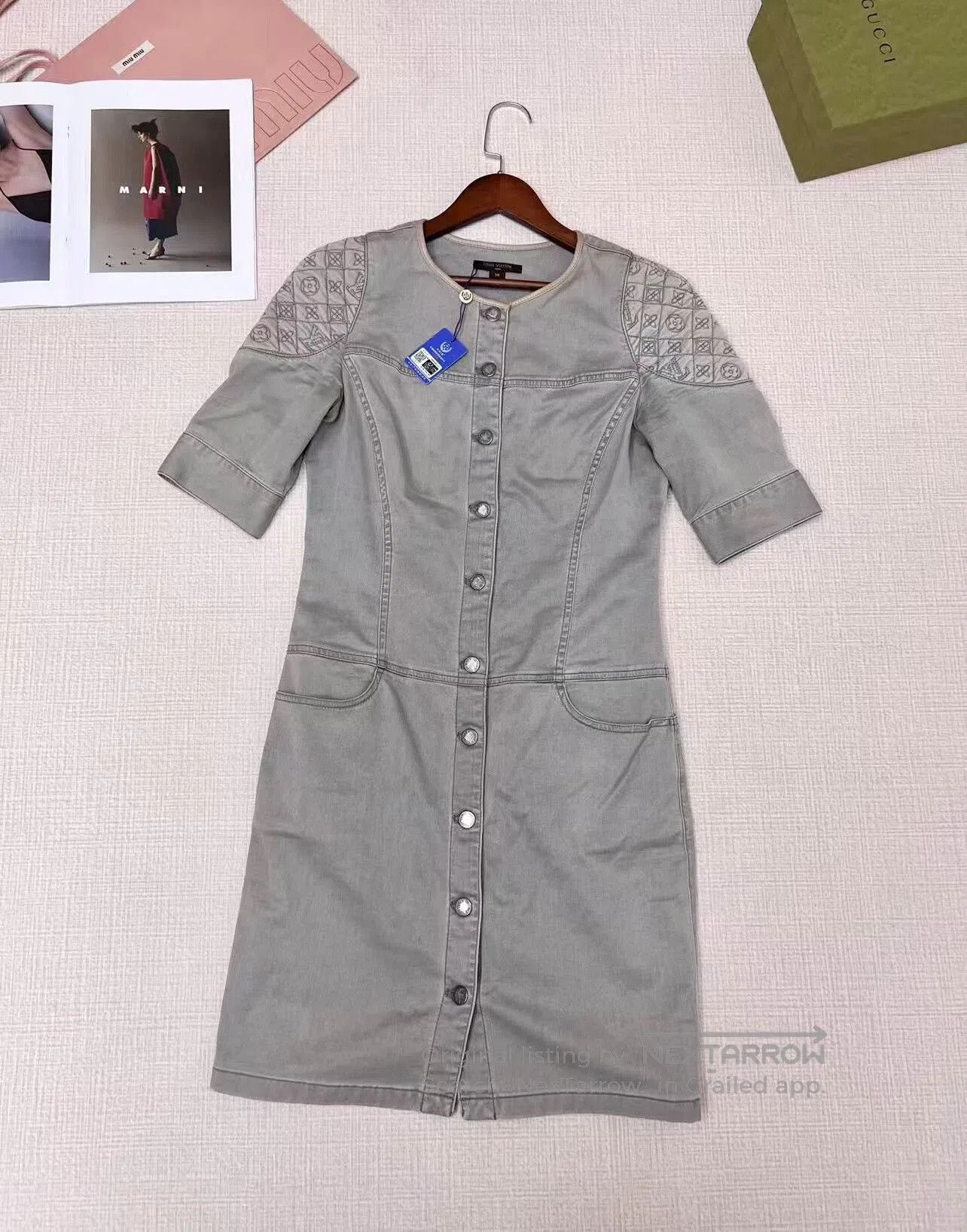 lou and grey denim dress Lou & Grey Denim Washed Double Cloth Tie Keyhole Mini Pocket Dress Size Large Indigo Blue Women's
