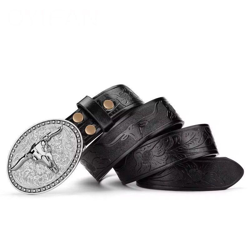 Leather Cowboy Longhorn Bull Pattern Buckle Belt Size ONE SIZE - 2 Thumbnail