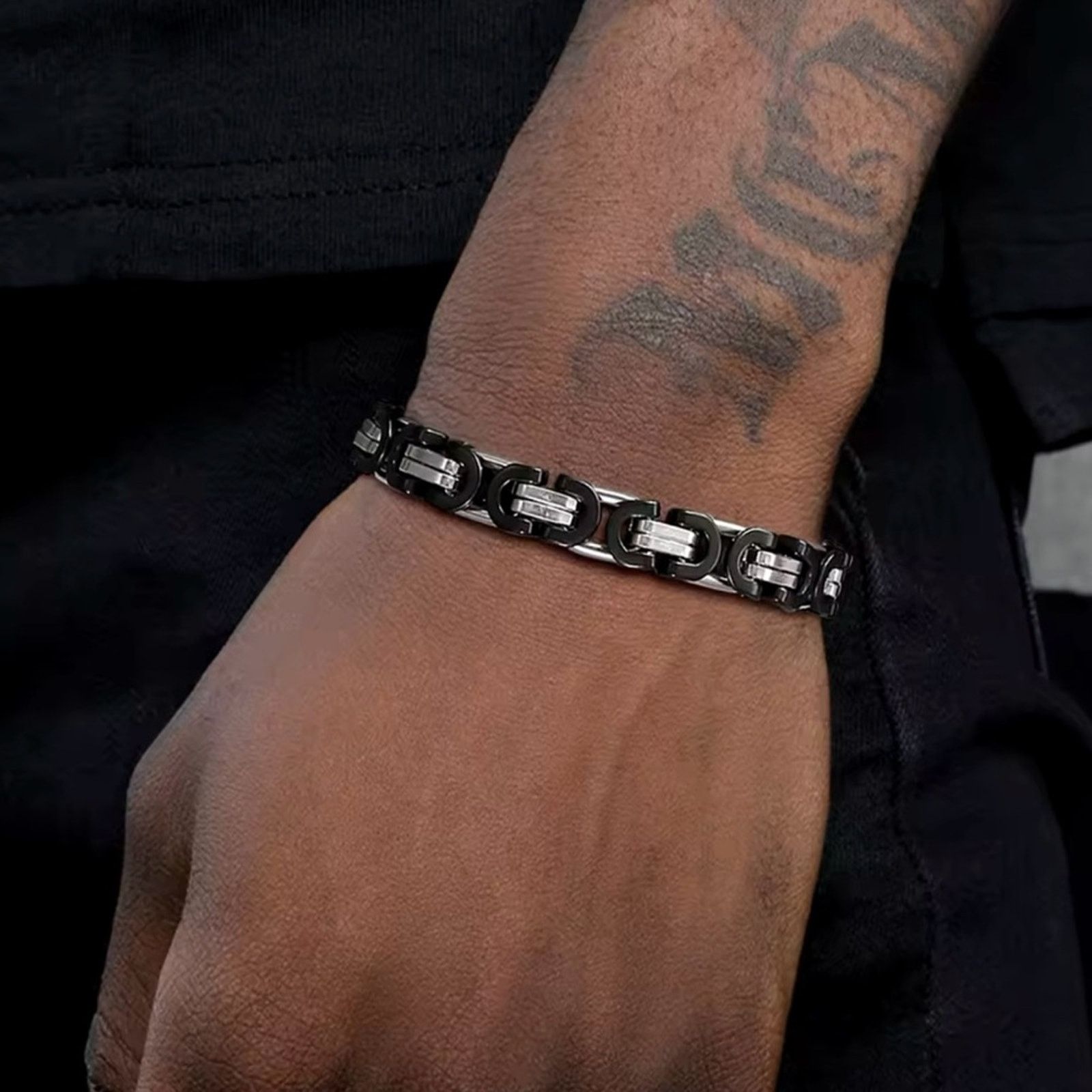 Other 8.5mm Black Silver Link Chain Bracelets Men Two Tone 8” Size ONE SIZE - 1 Thumbnail