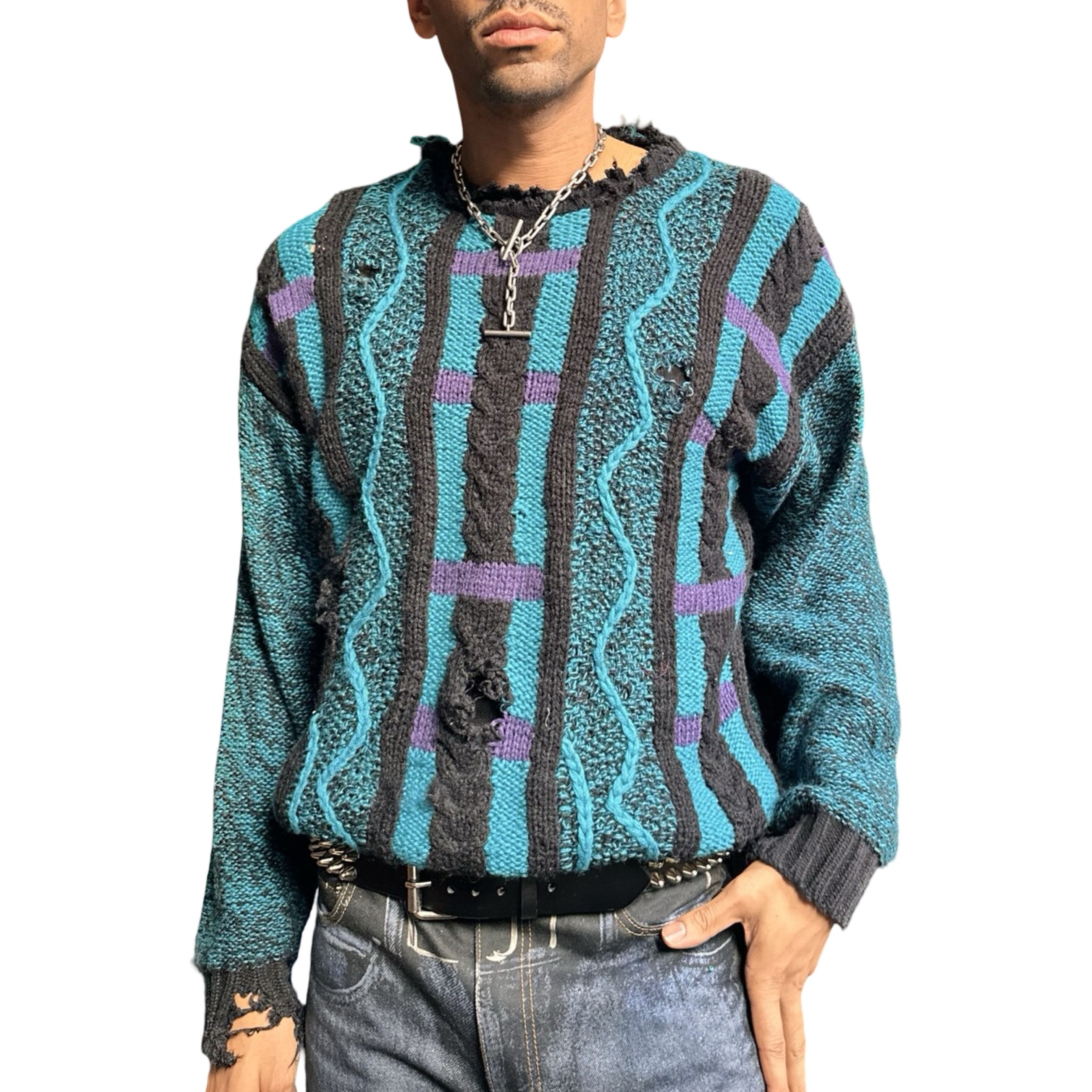 Vintage Cattivo Coogi Black & Teal Grunge Sweater - Medium