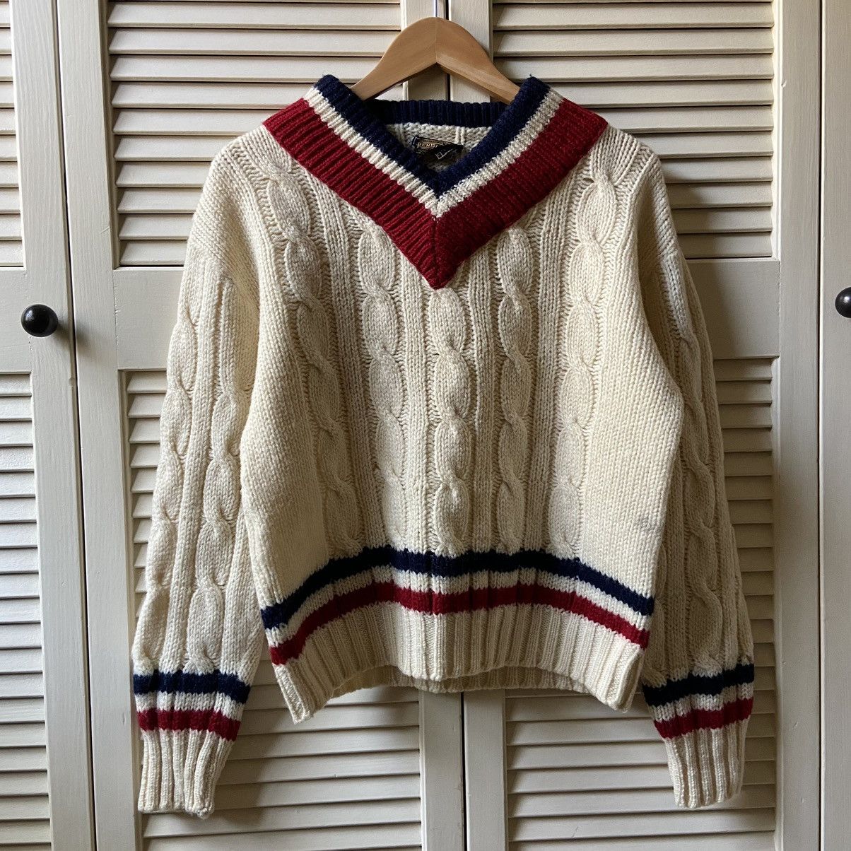image of 60’S Pendleton Tennis Cable Knit Sweater Size M in White, Men's