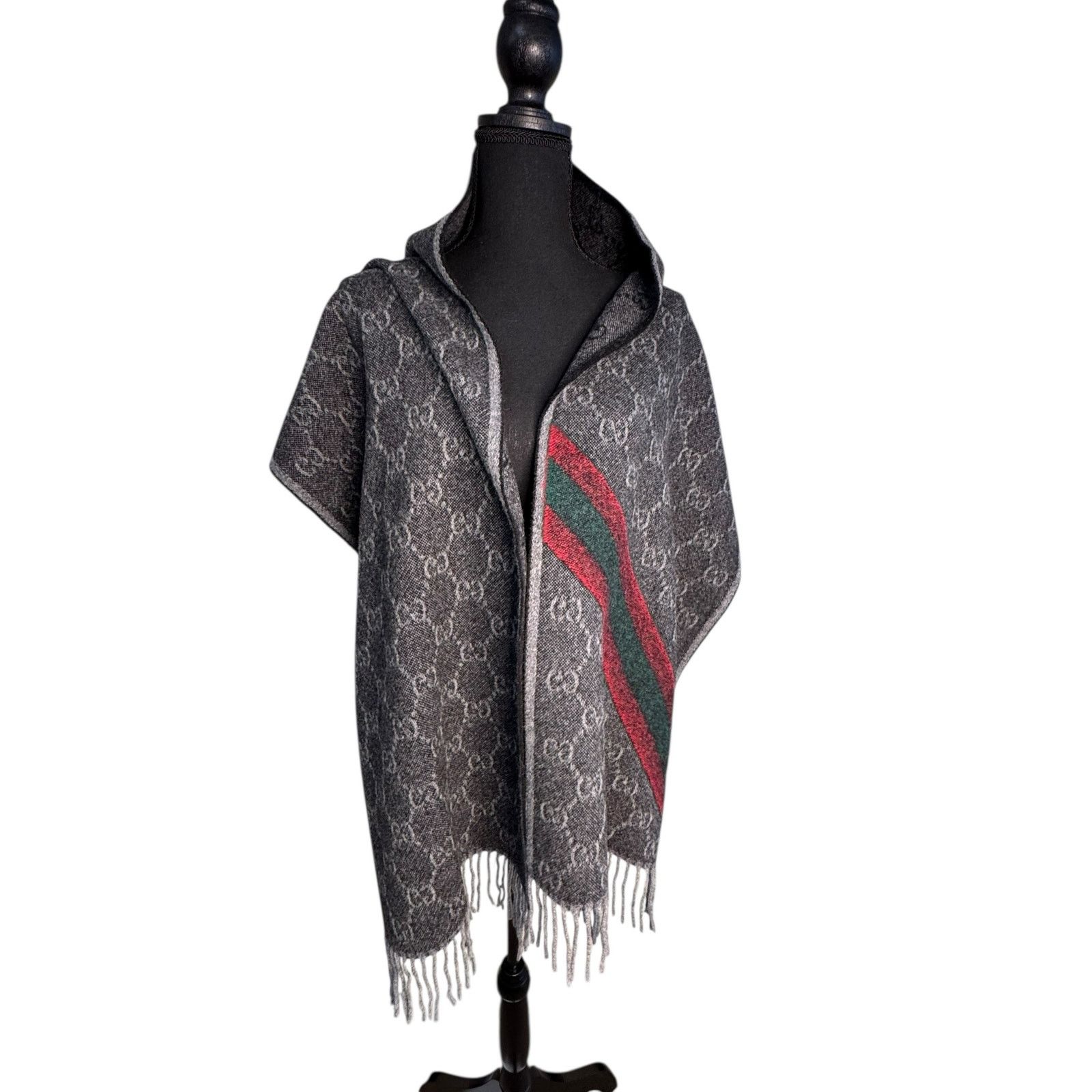 Gucci Gucci Nikky Wool GG Monogram Web Stripe Scarf in Grey Size ONE SIZE - 11 Thumbnail