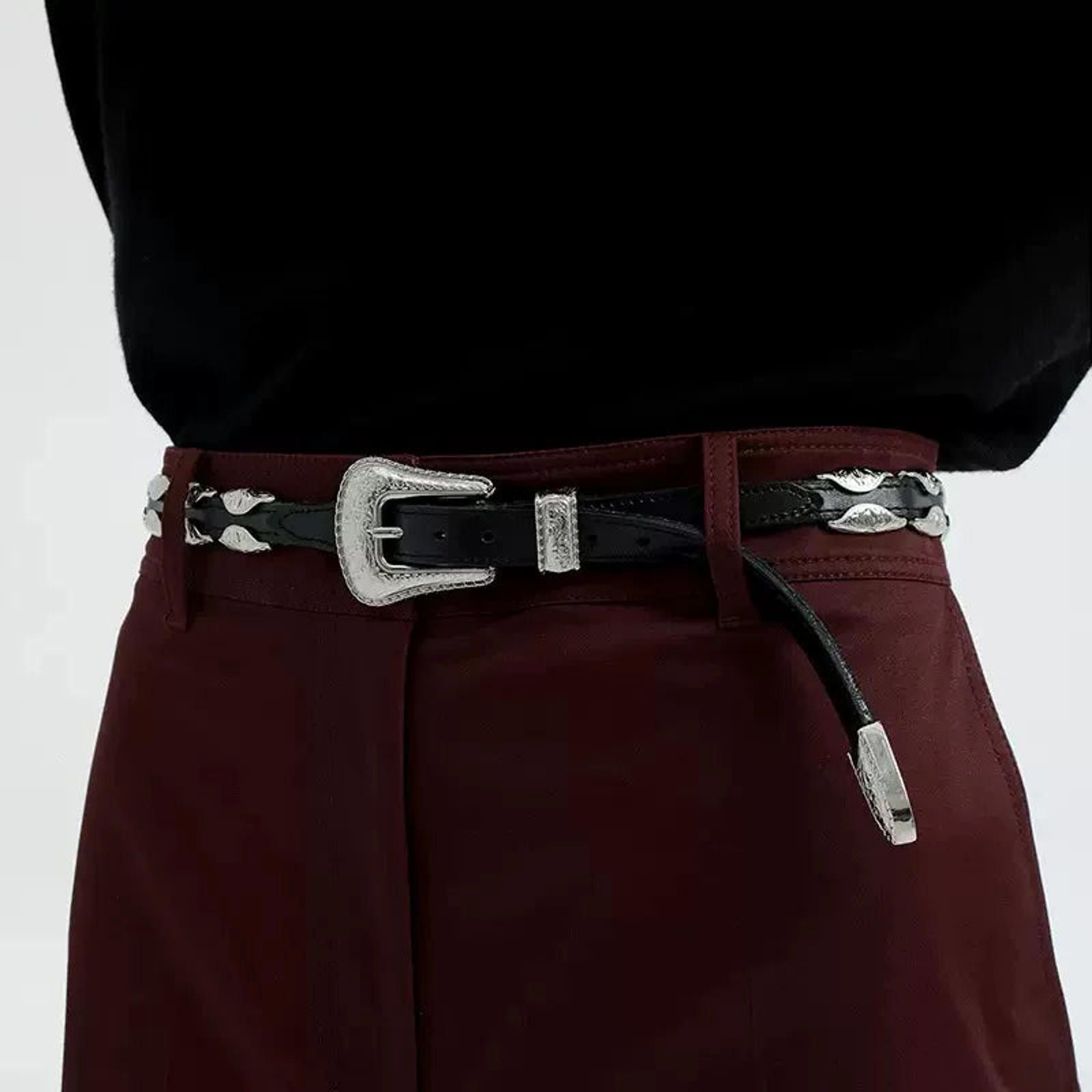 Leather Carved-Buckle Embossed Metal-Inlay Belt | Vintage Hardware Size ONE SIZE - 2 Thumbnail