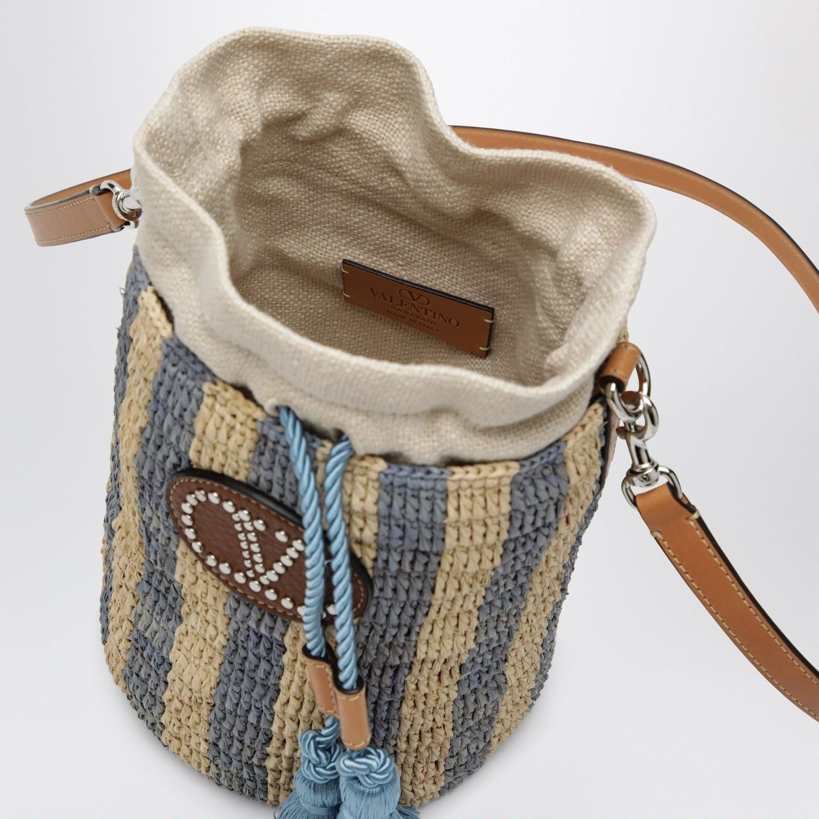 Valentino VALENTINO GARAVANI Small Beige Light Blue Raffia Bucket Bag Size ONE SIZE - 4 Thumbnail