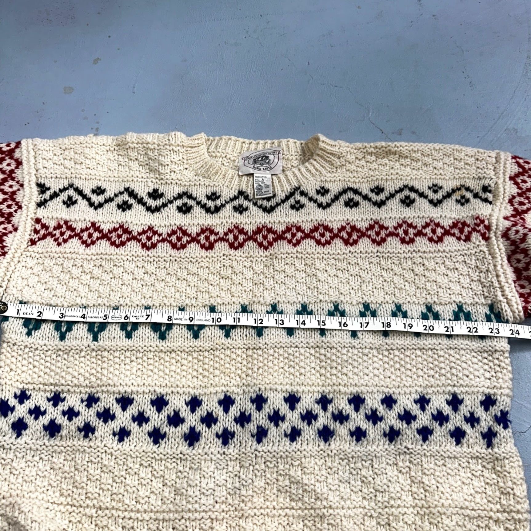 Vintage VINTAGE John Ashford Sweater Mens L Cream Ivory Wool Fair Isle 80s 90s Winter Spring Fall Heavyweight Chunky-Knit Crew Neck Pullover Size US L / EU 52-54 / 3 - 5 Thumbnail