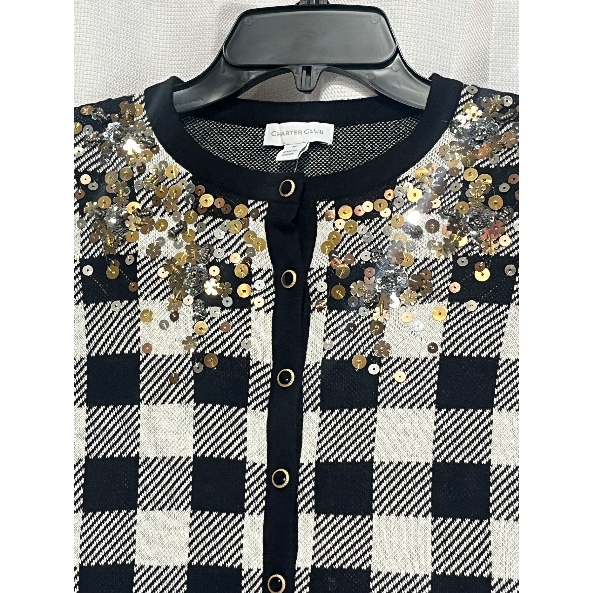 Other Charter Club Plaid Sequined Cardigan, Cloud Combo, XS Size XS / US 0-2 / IT 36-38 - 3 Thumbnail