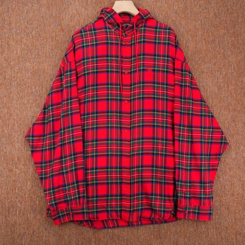 Balenciaga Balenciaga Red Plaid Hooded Shirt Jacket Size US S / EU 44-46 / 1 - 1 Thumbnail