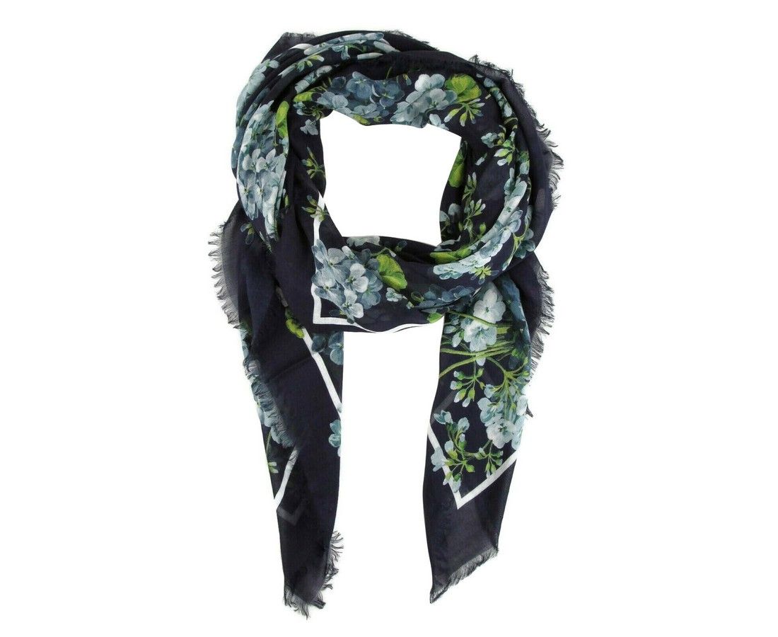 image of Gucci Women's 400 Modal / Silk With Blue Bloom Print Scarf in Navy Blue