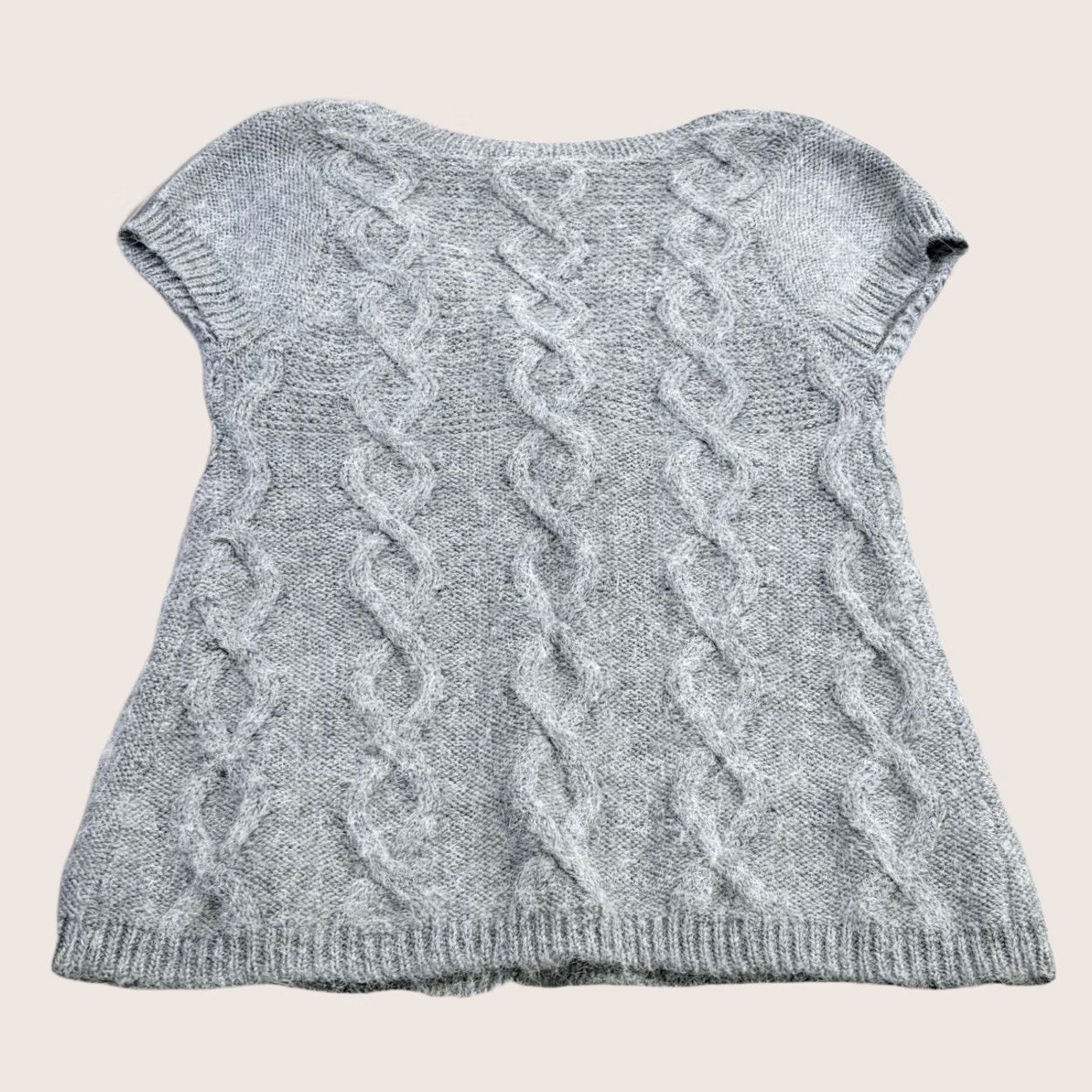 Vintage White Stuff Cardigan Grey Cable-Knit Short Sleeve UK12 Cap Sleeve Vest Adult Womens Cardigan, Alpaca Wool Blend, V-Neck, Hand Wash Only Size XL / US 12-14 / IT 48-50 - 1 Thumbnail