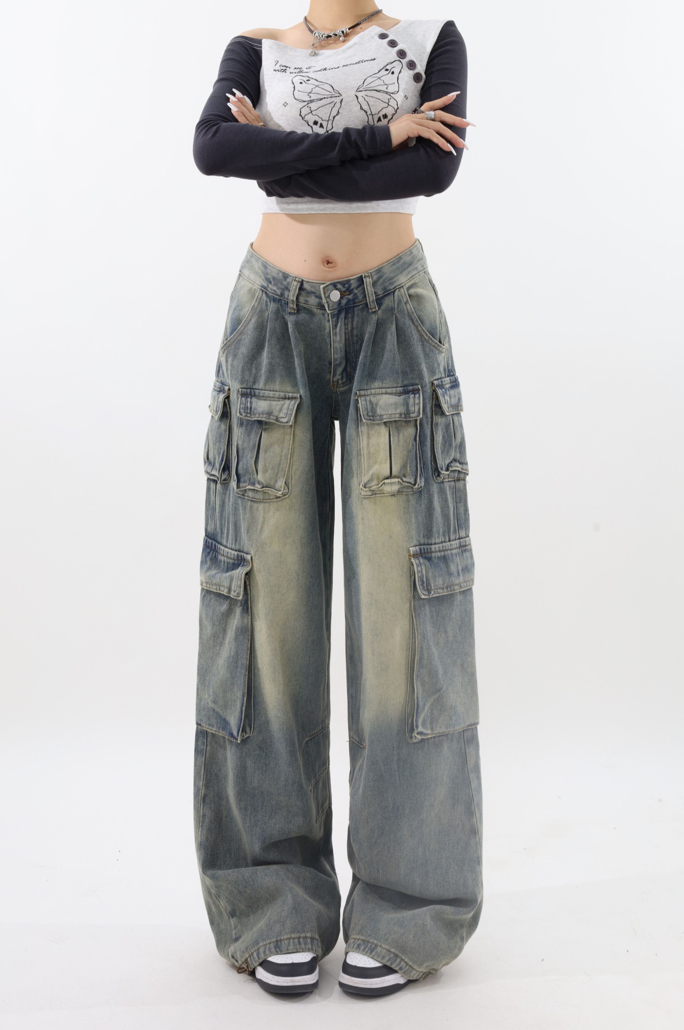 image of Vintage Retro Low Waist Cargo Jeans in Blue, Women's (Size 36)