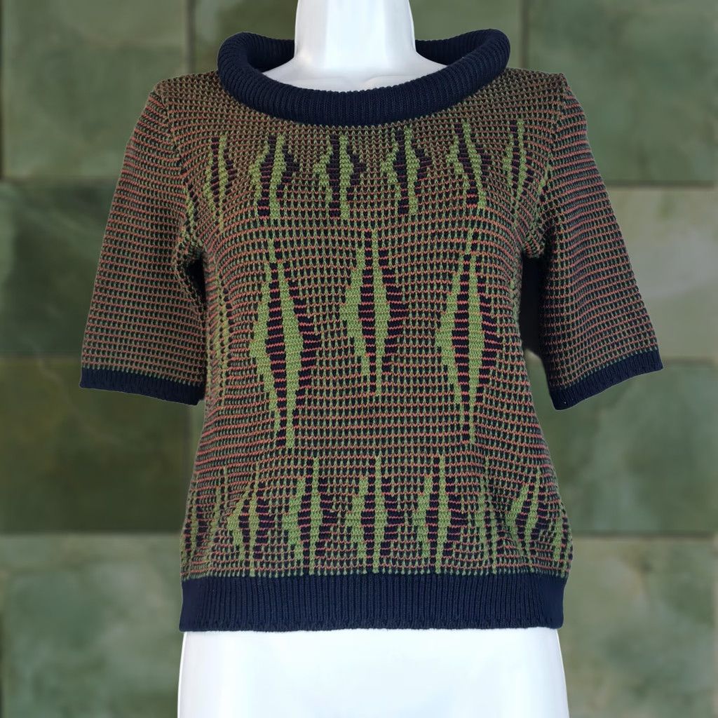 Vintage Kookai Sweater Womens S Short Sleeve Round Neck Geometric Knit Pullover Navy Blue Top Jumper Size S / US 4 / IT 40 - 1 Thumbnail