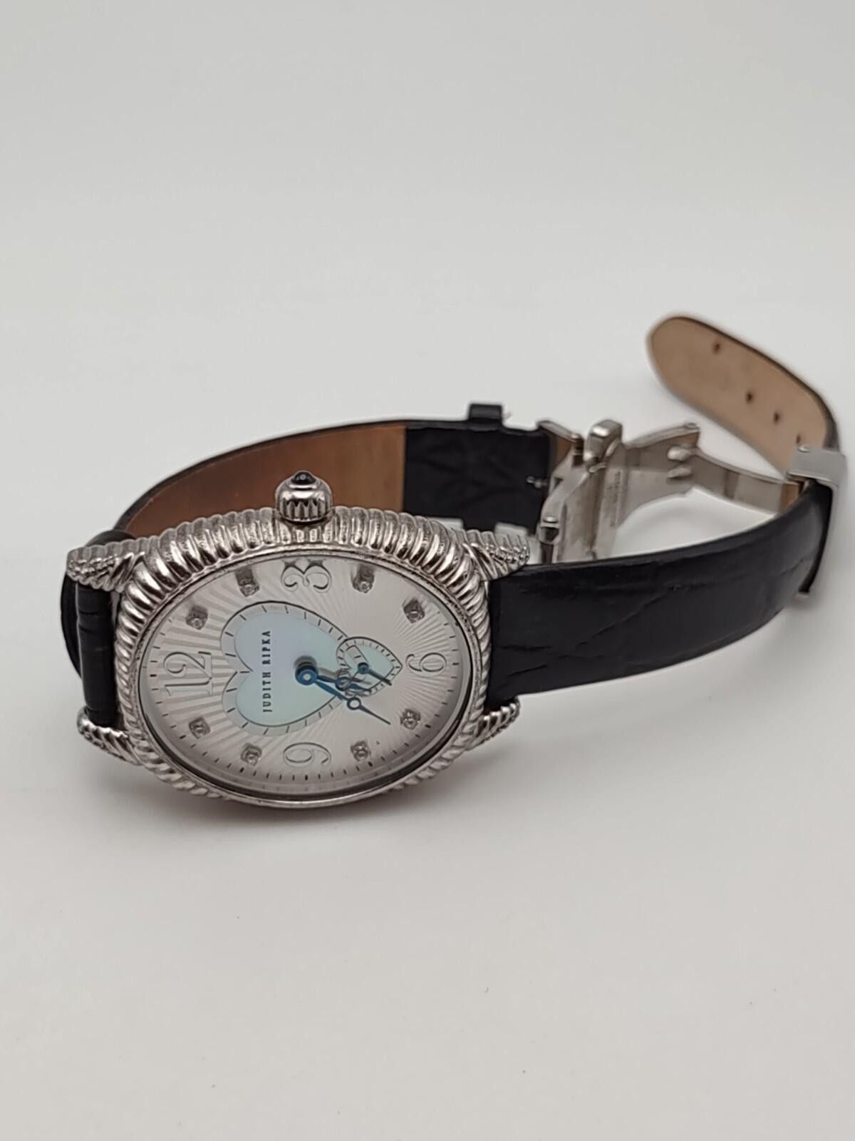 Judith Ripka Black and Silver Watch Mother of Pearl Heart with Leather Strap Judith Ripka Silver, Black Mother Of Pearl Dial Watch with  main image 2