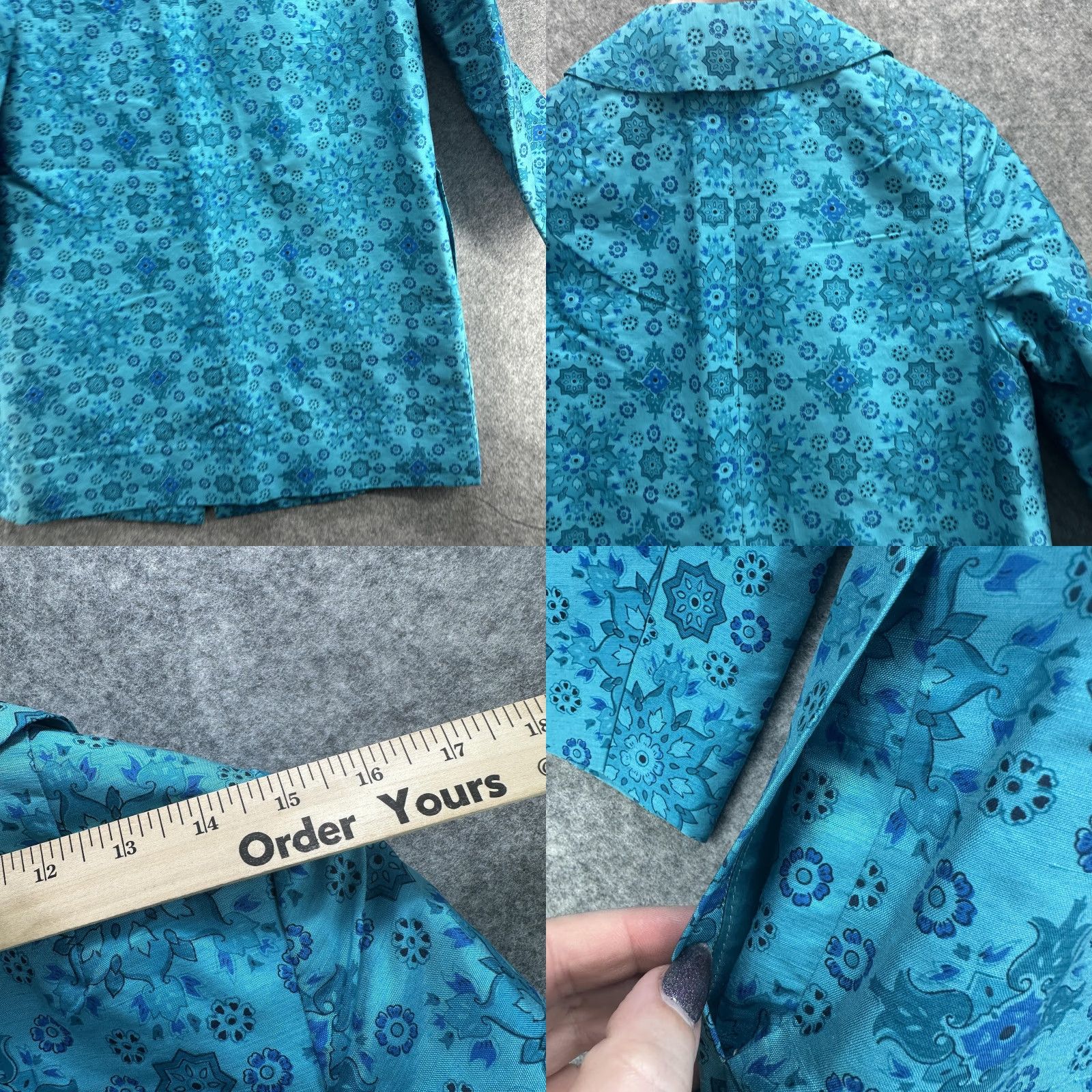 Vintage VINTAGE Bonwit Tailors Coat Womens M Turquoise Blue Floral Brocade 60s Overcoat Silk Lined Button Front Notched Collar Pockets Size M / US 6-8 / IT 42-44 - 11 Thumbnail