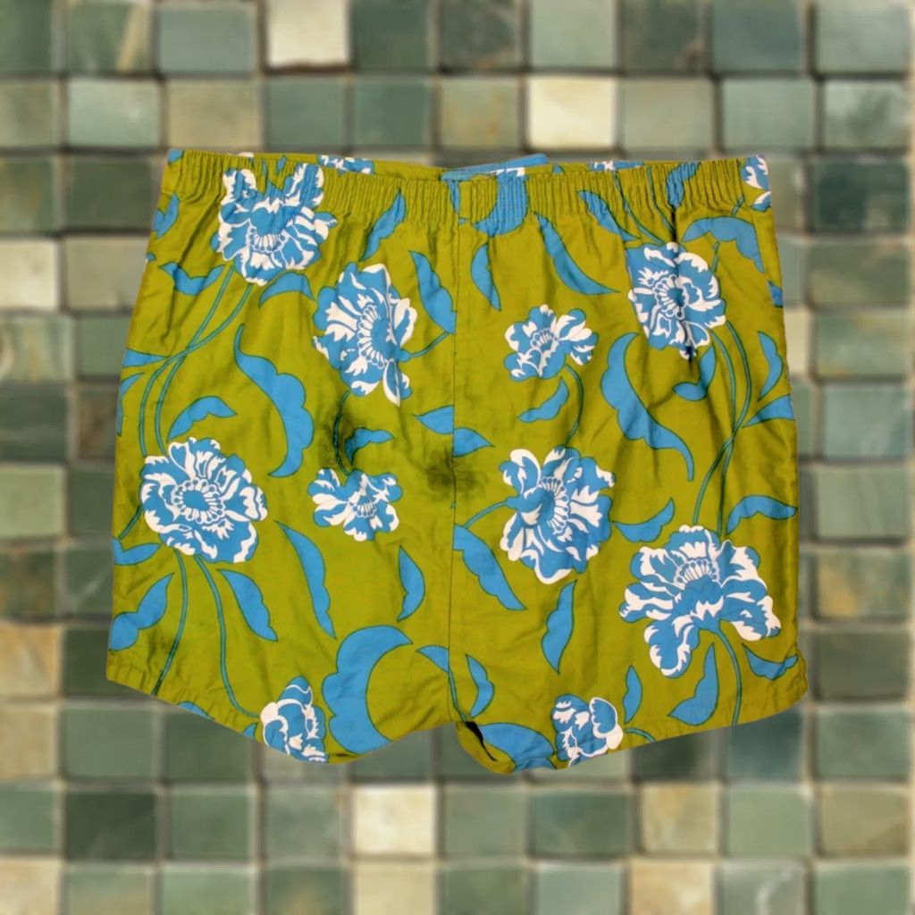 Vintage Mens VTG 1960s Green & Blue Flora Pattern Swimming Trunks Sz L 60s Cotton Shorts Size US 36 / EU 52 - 1 Thumbnail