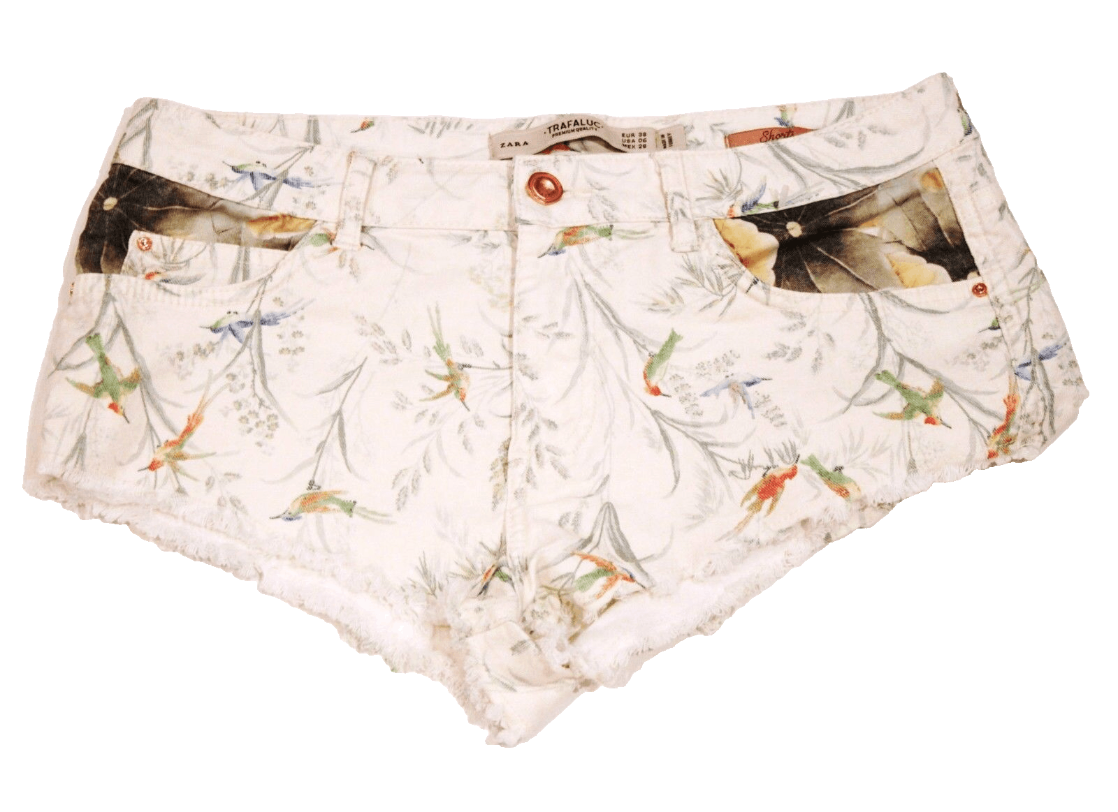 ZARA TRAFALUC Jeans SHORTS Bird print CUT OFFS Distress Tri
