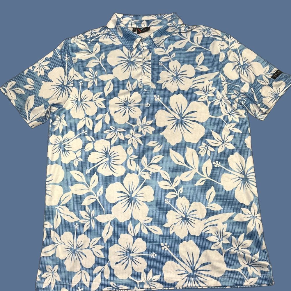 Vintage Yatta Golf Polo Shirt Mens L Blue Performance AOP Graphic Print Hibiscus Flower Logo 90s? Size US L / EU 52-54 / 3 - 1 Thumbnail