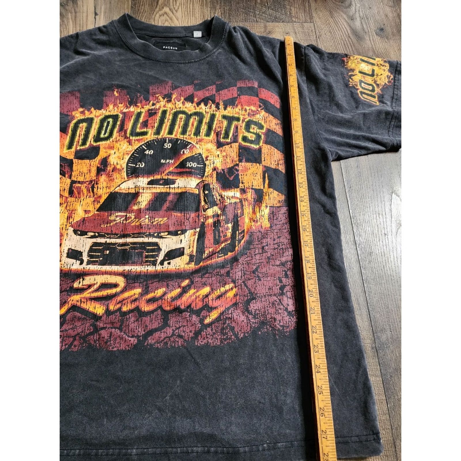 Pacsun Mens PacSun No Limits Racing Flames Oversized T Shirt All Over Print AOP Black Cotton Crew Neck Short Sleeve Logo Graphic Print L Mens Size US L / EU 52-54 / 3 - 2 Thumbnail