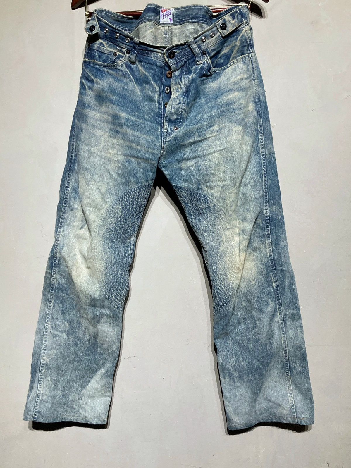 image of Prps $587 OG Japanese Denim Distressed Dark Wash Wide Leg Jeans in Blue, Men's (Size 32)