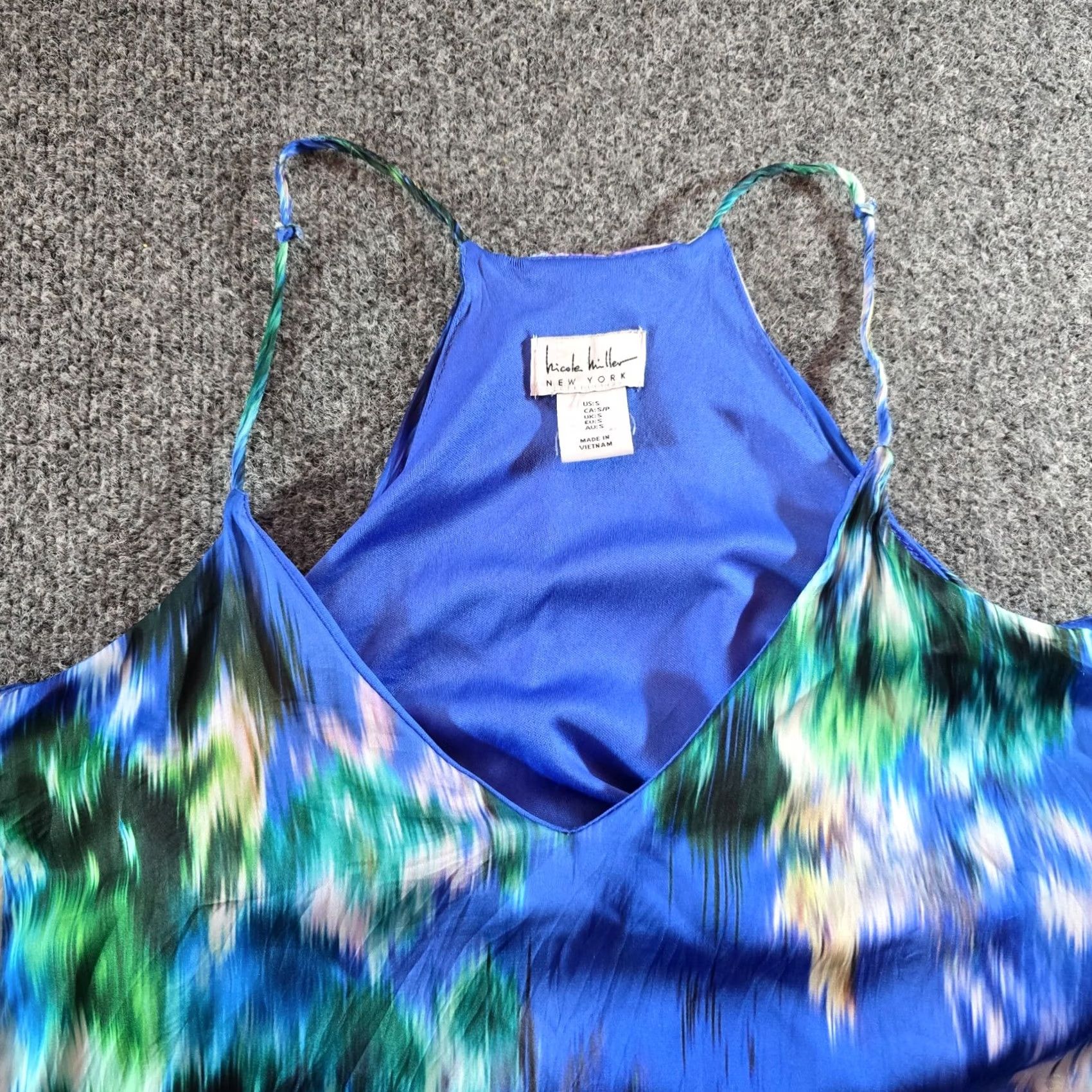 Nicole Miller Nicole Miller Dress Womens Size S Blue Green Watercolor Midi Casual Resort Satin Sheath Pockets V-Neck Sleeveless Pullover Microgeometric Pattern Size S / US 4 / IT 40 - 3 Thumbnail