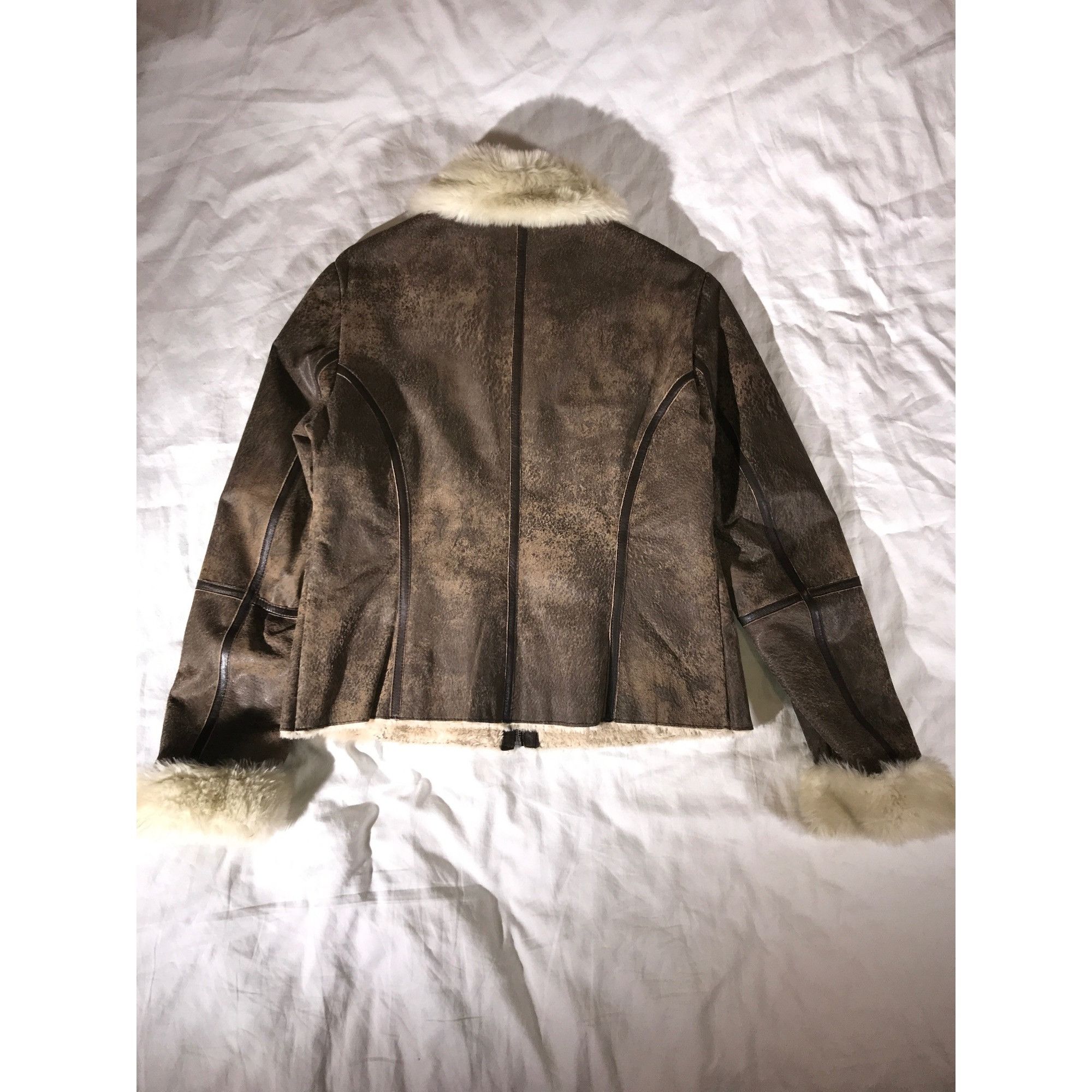 Designer Express Brown Distressed Leather Faux Fur Bomber Jacket Size XL / US 12-14 / IT 48-50 - 3 Thumbnail