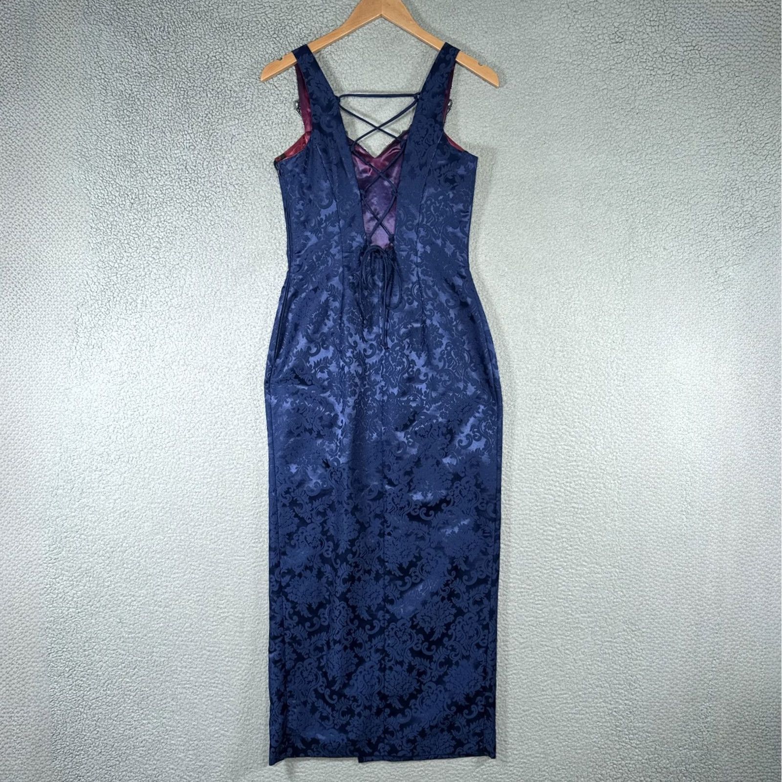 Jessica McClintock VINTAGE Jessica McClintock Dress Womens 9/10 Blue Jacquard Beaded Prom Gown Maxi Damask Sequin Formal Evening 90s Mens? Size L / US 10 / IT 46 - 2 Thumbnail