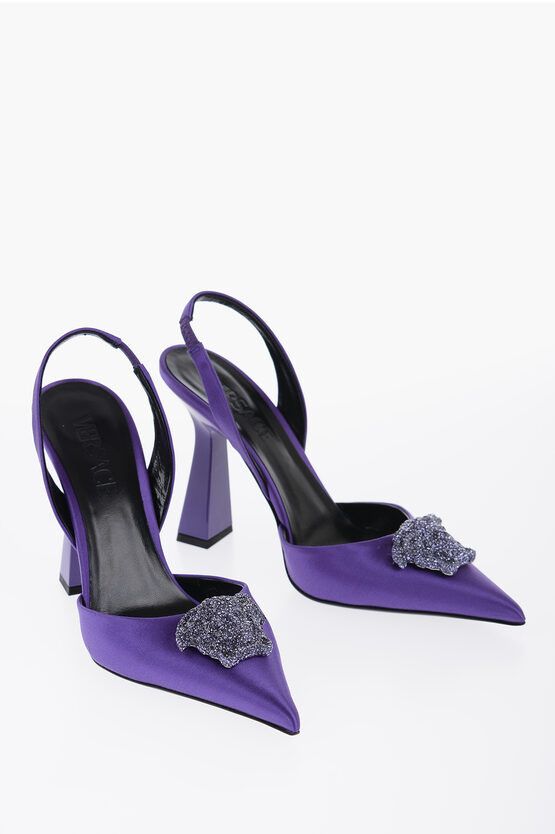 image of Versace Pointed Satin Pumps With Jewel Detail 11 Cm Shoes in Violet, Women's (Size 5)