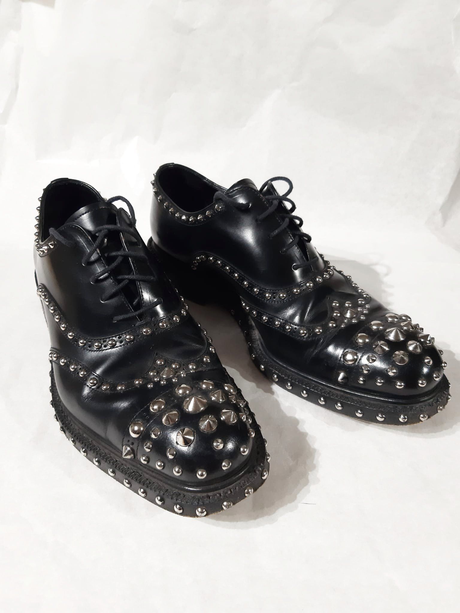 Pre-owned Prada Fw 2009 Runway Studded Leather Derby Shoes In Black/silver
