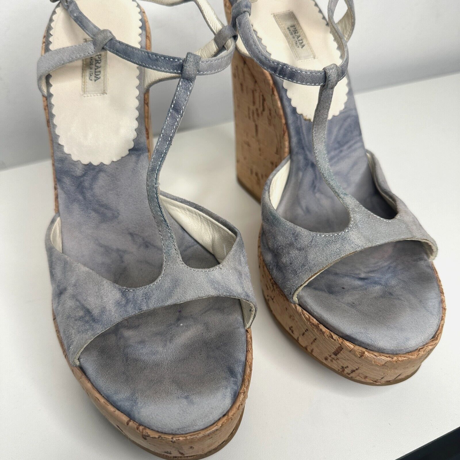 Prada Prada Blue Suede Tan Cork Wedge Sandals Ankle Espadrilles 38 Size US 8 / IT 38 - 8 Thumbnail