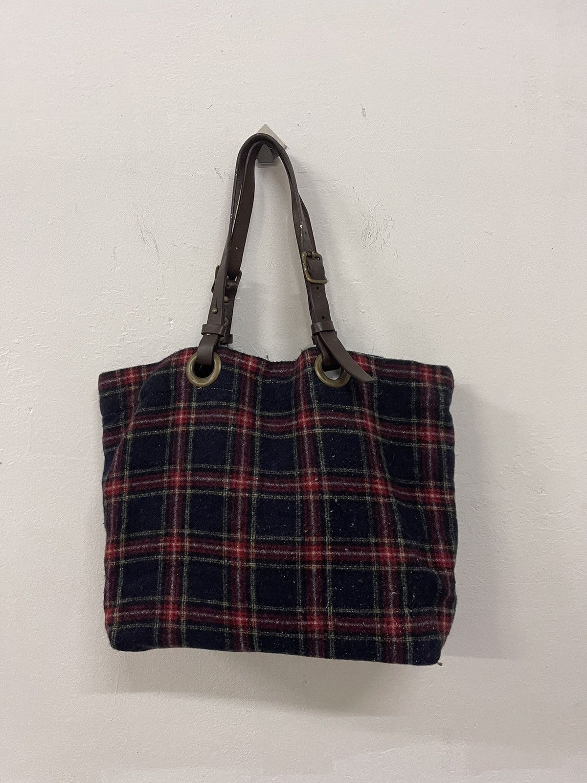 Japanese Brand × Vintage C’omodo +plus t japan wool plaid leather handle strap tote Size ONE SIZE - 4 Thumbnail