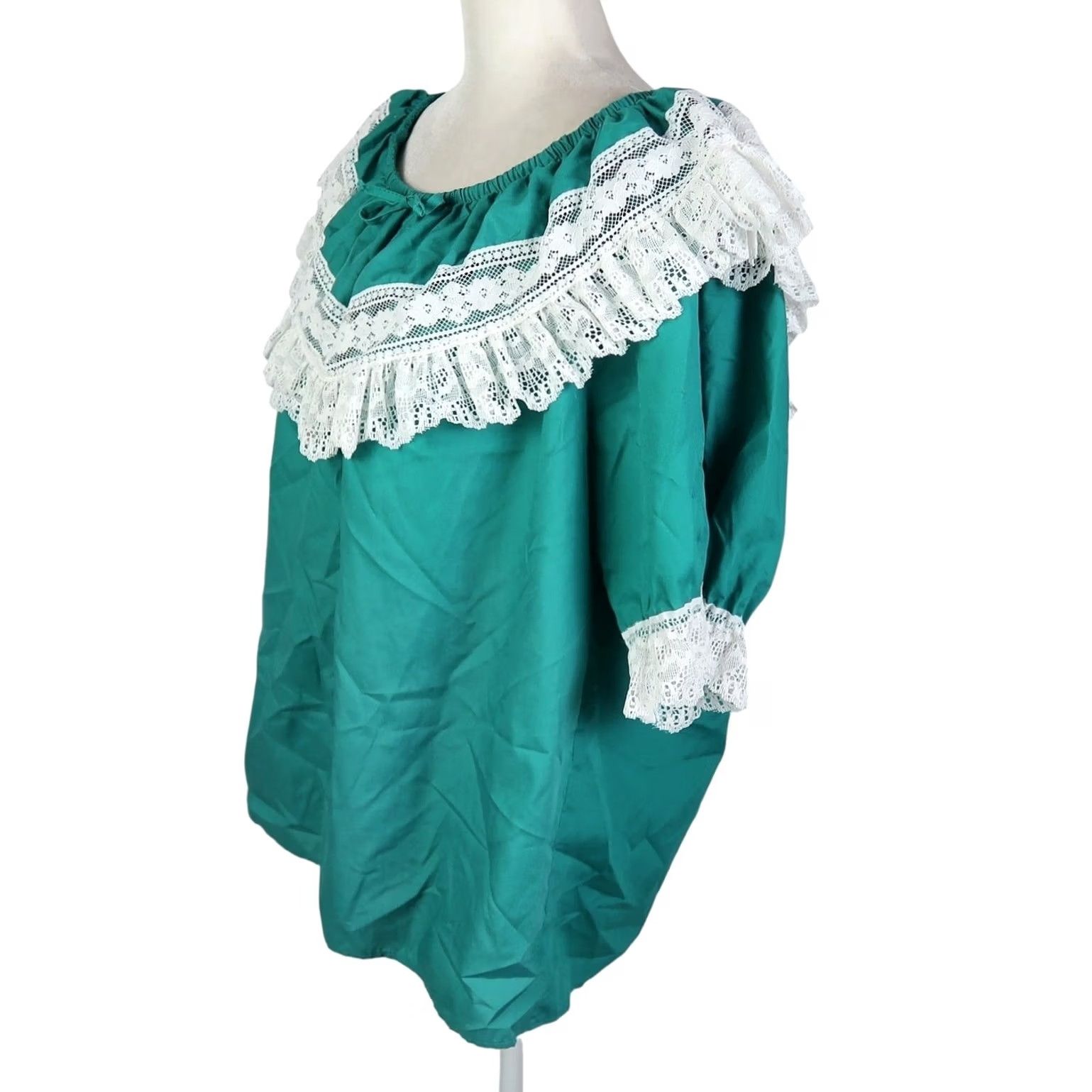 DANCER VINTAGE Malco Modes Green Square Dance Top Lace Trim XL Blouse Short Sleeve Women 70s 80s Bohemian Western, Cotton Polyester Size XL / US 12-14 / IT 48-50 - 3 Thumbnail