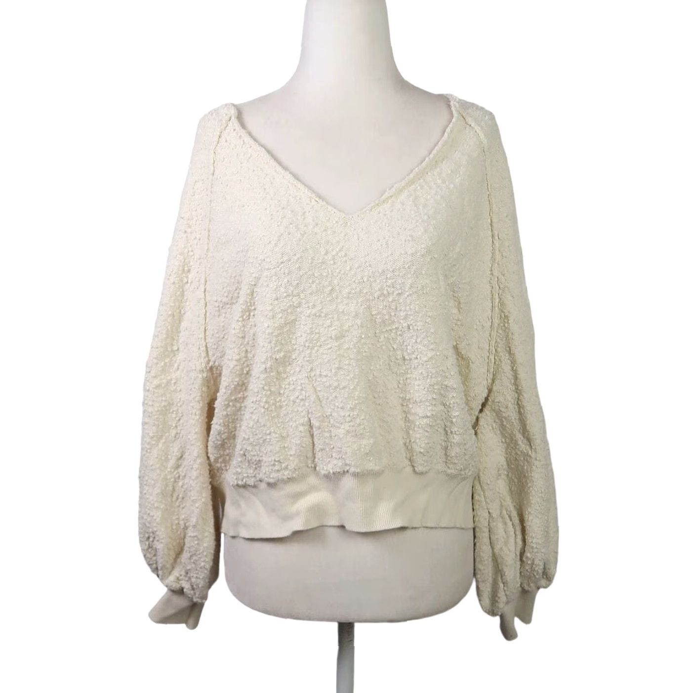 Free People Free People Cream Textured Knit Slouchy Balloon Sleeve Sweater Small Womens Long Sleeve Pullover Casual Cotton Size S / US 4 / IT 40 - 2 Thumbnail