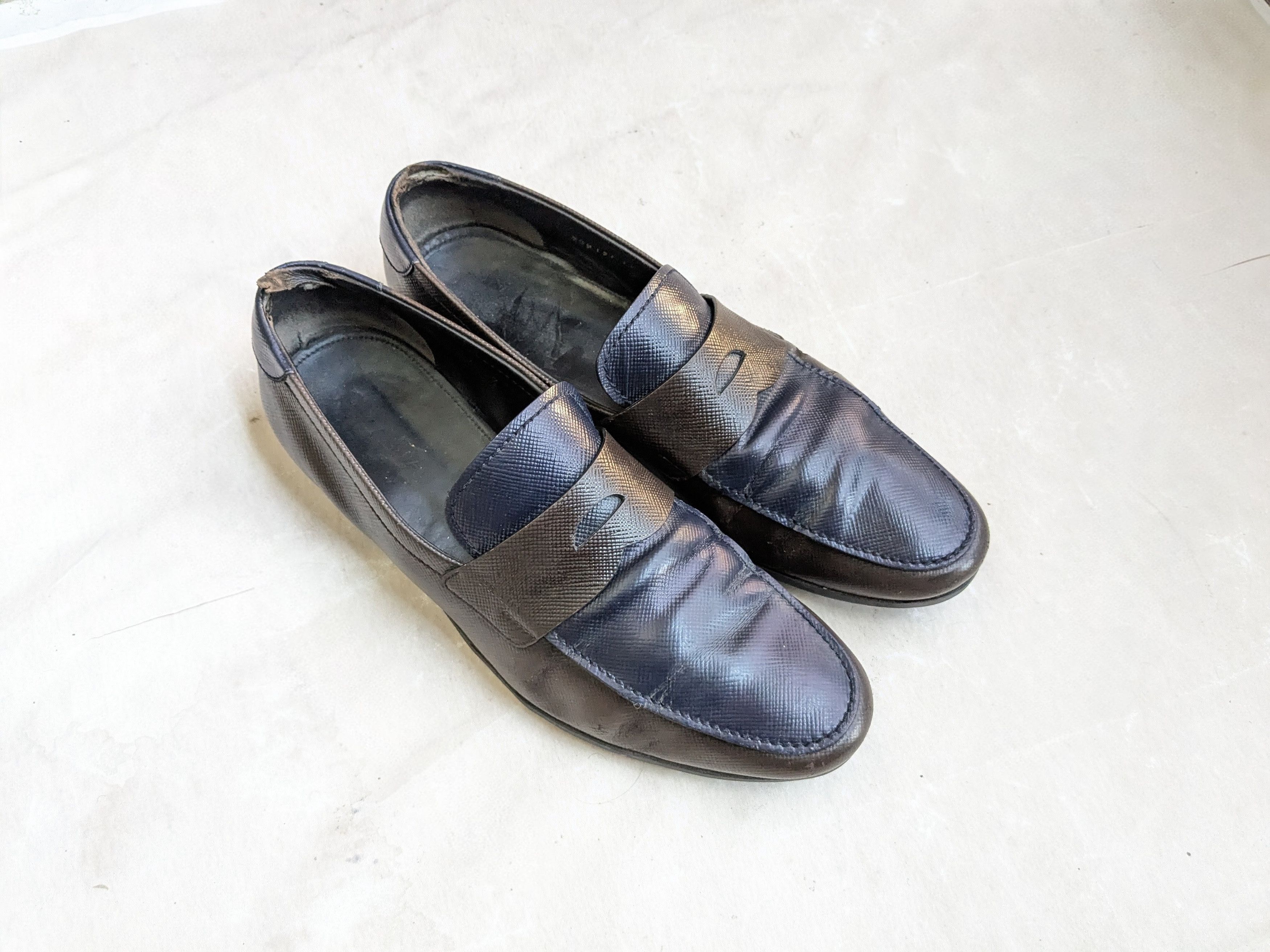 Prada Penny Loafers Dark Brown Navy Blue Leather 12