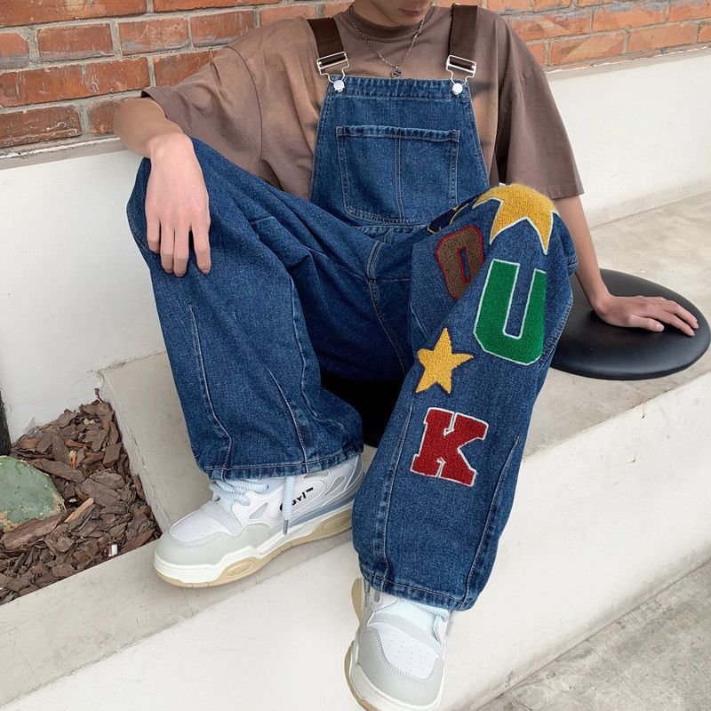 Japanese Brand Retro Men's Loose Straight Leg Embroidered Denim Overalls Size US 32 / EU 48 - 4 Thumbnail