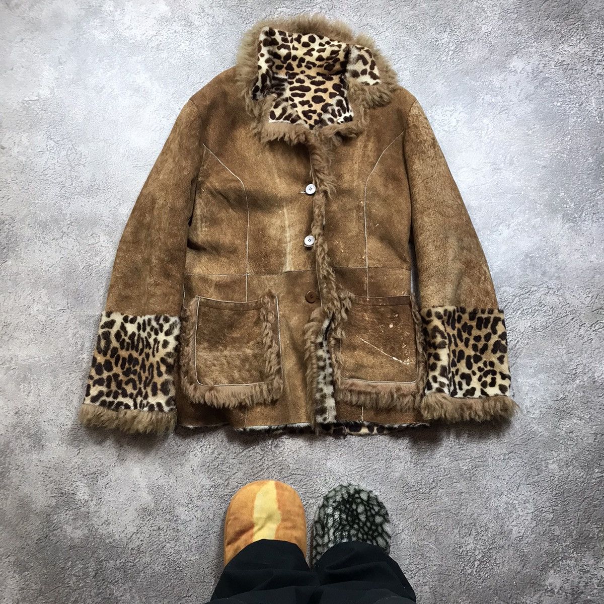 Genuine Leather Vintage Y2K Leopard Fur Collar Suede Jacket Gorpcore Faded L Size L / US 10 / IT 46 - 1 Thumbnail
