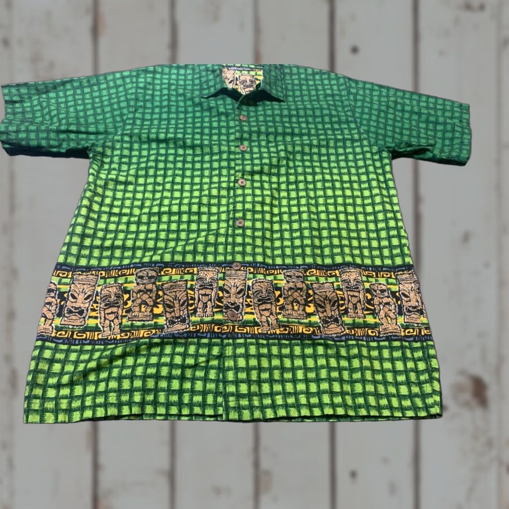Vintage VINTAGE No Boundaries Hawaiian Shirt Mens Green Aztec Tribal Cotton Button-Up Short Sleeve Large Size US L / EU 52-54 / 3 - 1 Thumbnail