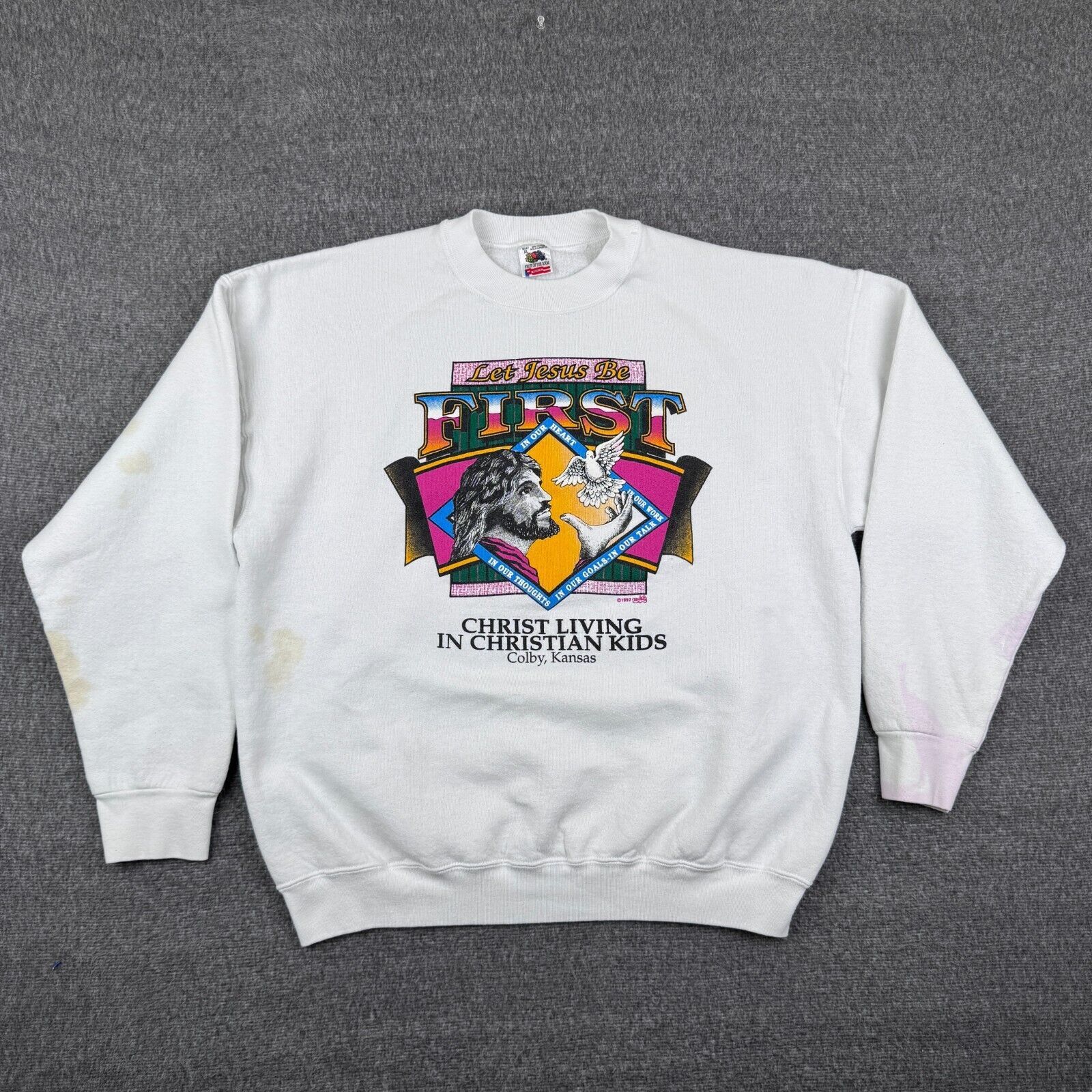 Fruit Of The Loom Vintage Let Jesus Be First Sweatshirt Men's XL White God 90s Size US XL / EU 56 / 4 - 3 Thumbnail