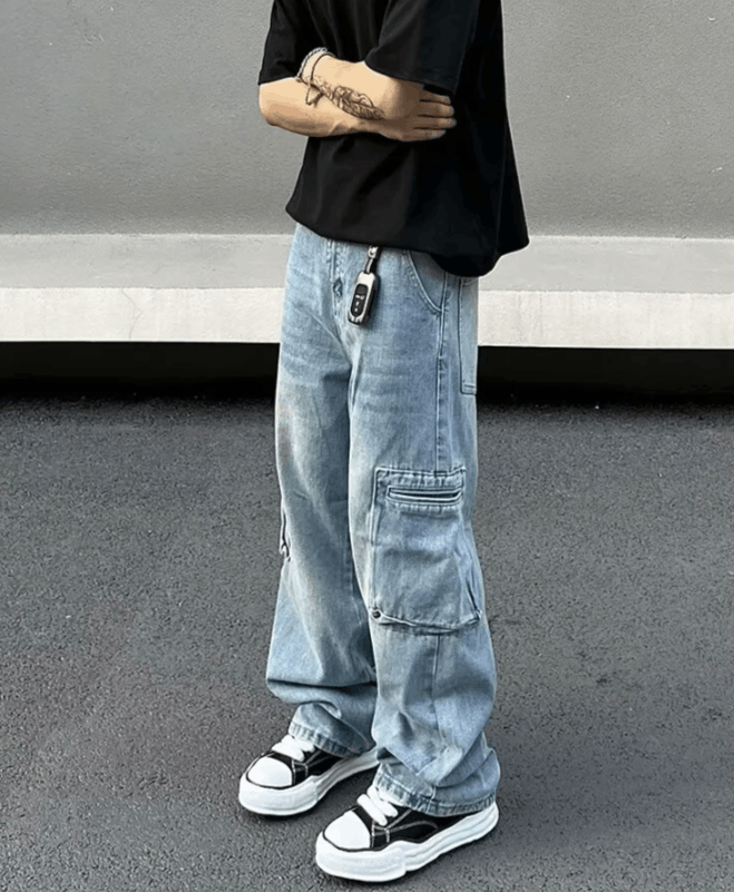 Japanese Brand Multi Pockets Washed Blue Baggy Jeans Size US 34 / EU 50 - 3 Thumbnail
