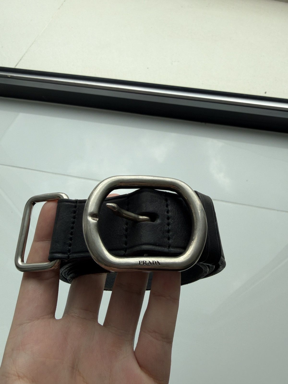 Prada Prada 2010s Black Leather Belt w/ Heavy Silver Buckle Size 30 - 1 Thumbnail