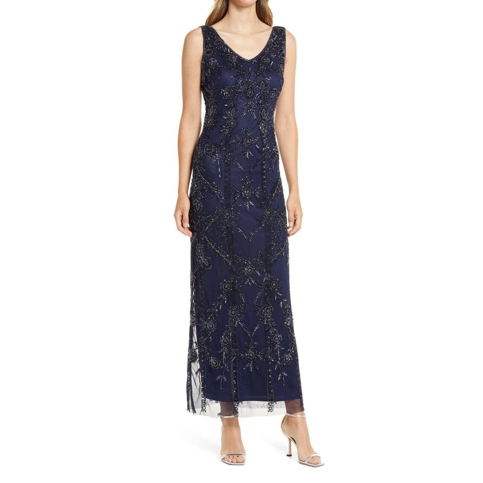 image of Pisarro Nights Navy Beaded Mesh Gown Size Us 12 in Blue, Women's