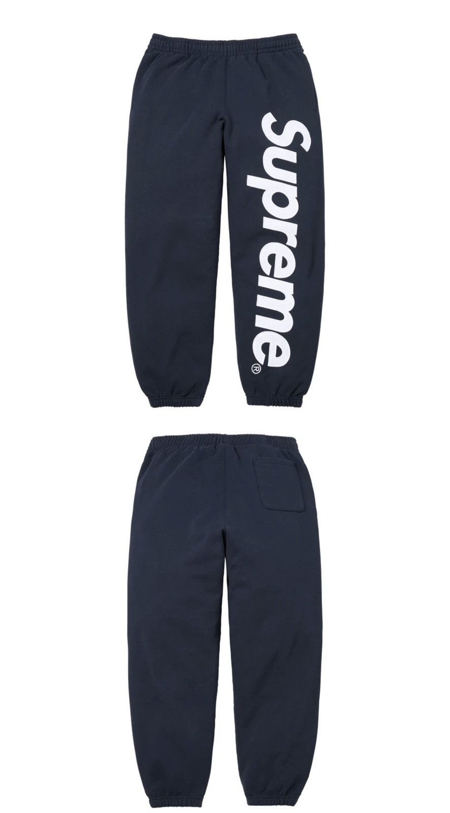 Supreme Supreme Satin Appliqué Sweatpant (Navy) Size US 33 - 1 Thumbnail