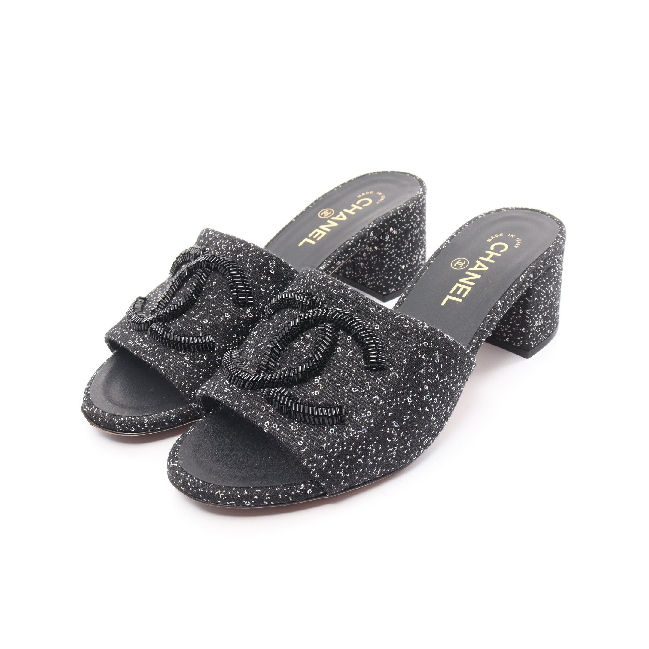 image of Chanel Coco Mark Mule Sandals Fabric Black Bijou Sequin, Women's